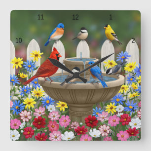 Colourful Spring Garden Bird Bath Square Wall Clock