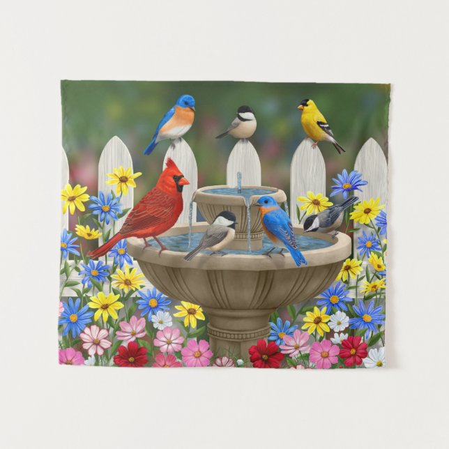 Colourful Spring Garden Bird Bath Tapestry (Front (Horizontal))