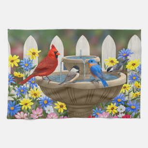 Colourful Spring Garden Bird Bath Tea Towel