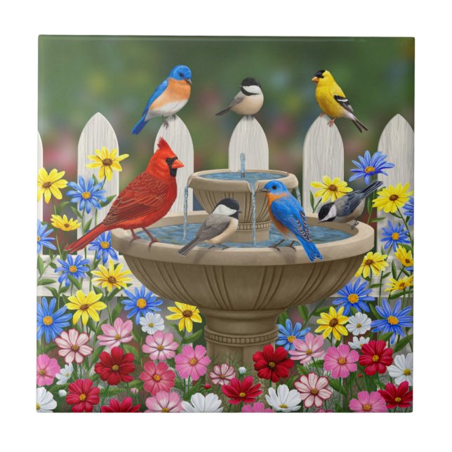 Colourful Spring Garden Bird Bath Tile (Front)