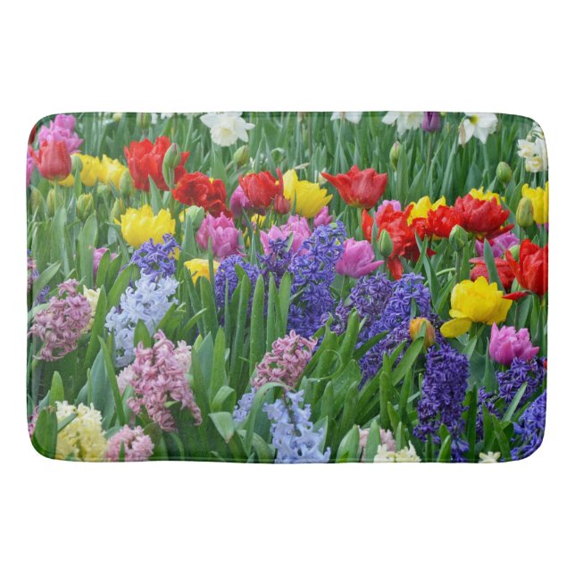 Colourful spring garden flowers bath mat (Front)