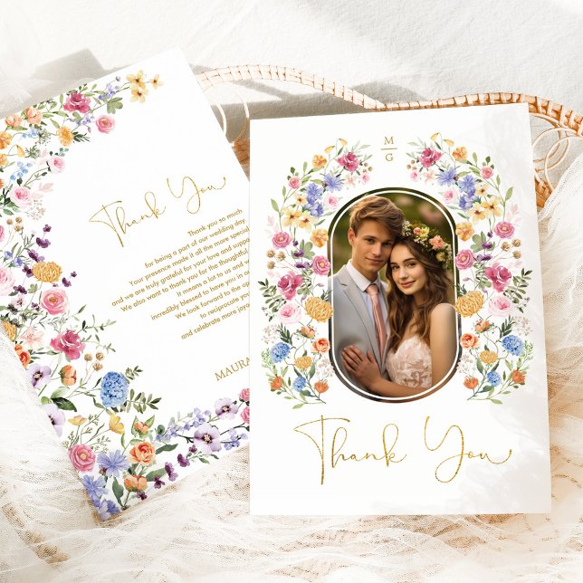 Colourful Spring Garden Flowers Wedding Photo Thank You Card (Creator Uploaded)