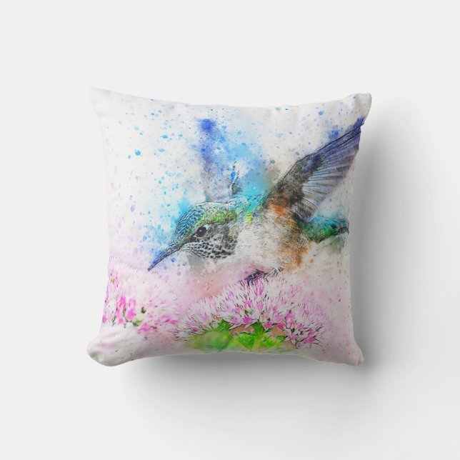 Colourful Spring Hummingbird Watercolor Cushion (Front)