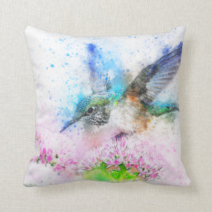 Colourful Spring Hummingbird Watercolor Cushion