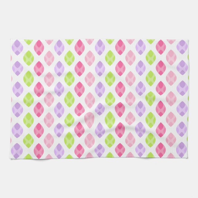 Colourful Spring Leaves Pink Green Purple Pattern Tea Towel (Horizontal)