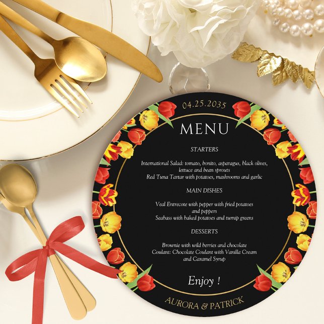 Colourful Spring Tulip Watercolor Round Wedding Menu (Colorful Spring Tulip Watercolor Round Wedding Menu)