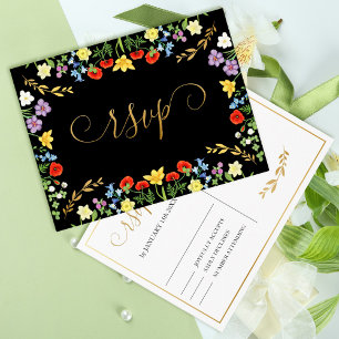 Colourful Spring Wildflower Black Wedding RSVP Postcard