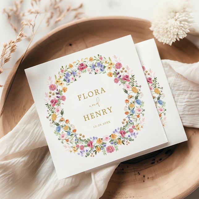 Colourful Spring Wildflower Garden Wreath Wedding Napkin (Creator Uploaded)