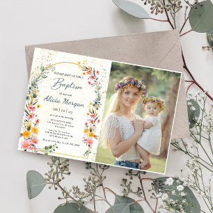 Colourful Spring Wildflower Meadow Baptism Photo Invitation