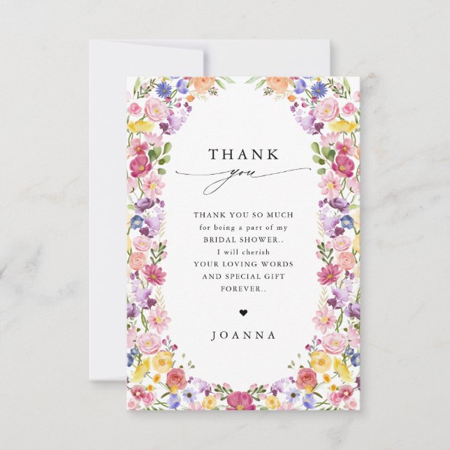 Colourful Spring Wildflower Meadow  Bridal Shower Thank You Card (Front)