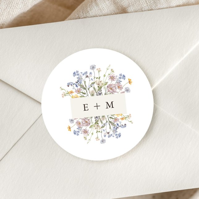 Colourful Spring Wildflower Meadow Garden Wedding  Classic Round Sticker (Colorful Spring Wildflower Meadow Garden Wedding Classic Round envelope seal Sticker)