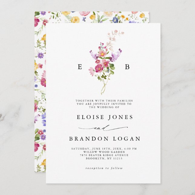 Colourful Spring Wildflower Meadow Garden Wedding  Invitation (Front/Back)