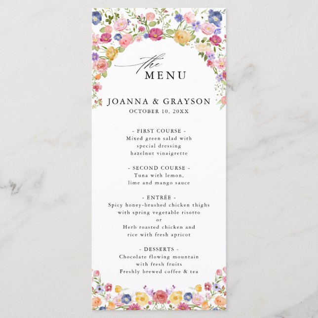 Colourful Spring Wildflower Meadow Garden Wedding  Menu (Front)