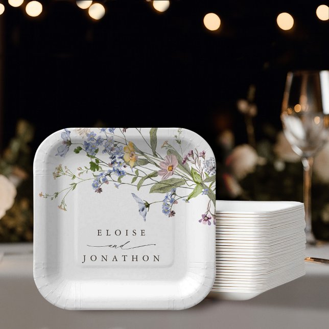 Colourful Spring Wildflower Meadow Garden Wedding Paper Plate (Colorful Spring Wildflower Meadow Garden Wedding square shape Paper Plates)