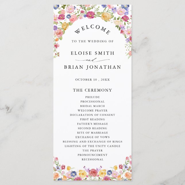 Colourful Spring Wildflower Meadow Garden Wedding  Program (Front)
