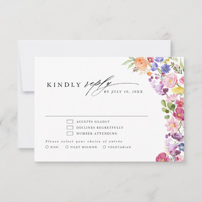 Colourful Spring Wildflower Meadow Garden Wedding  RSVP Card (Front)