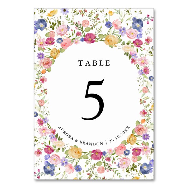 Colourful Spring Wildflower Meadow Garden Wedding  Table Number (Front)