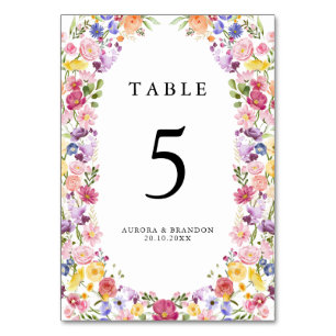 Colourful Spring Wildflower Meadow Garden Wedding  Table Number