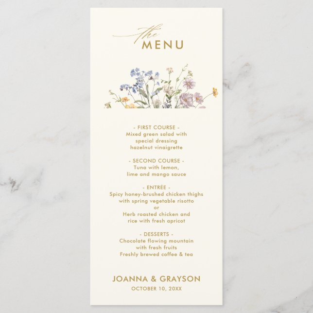 Colourful Spring Wildflower Meadow Gold Wedding Menu (Front)