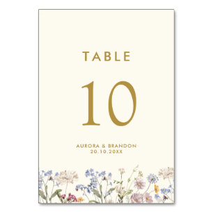 Colourful Spring Wildflower Meadow Gold Wedding  Table Number