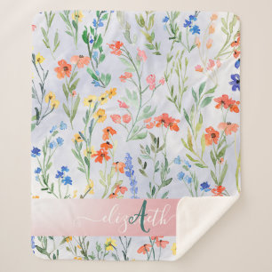 Colourful Spring Wildflower Meadow Monogram   Sherpa Blanket