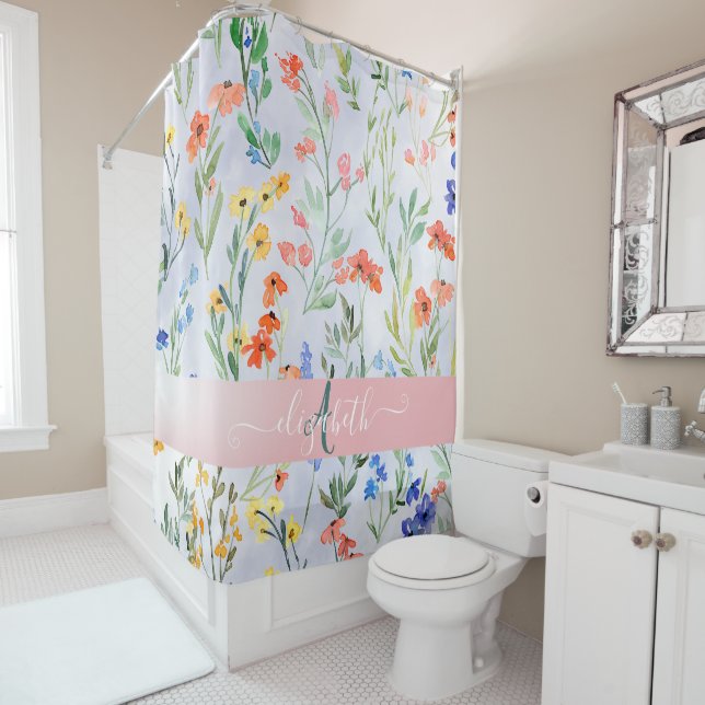 Colourful Spring Wildflower Meadow Monogram  Shower Curtain (In Situ)