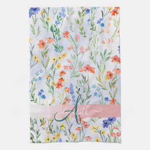 Colourful Spring Wildflower Meadow Monogram Tea Towel