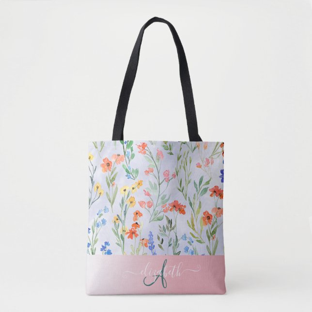 Colourful Spring Wildflower Meadow Monogram  Tote Bag (Front)
