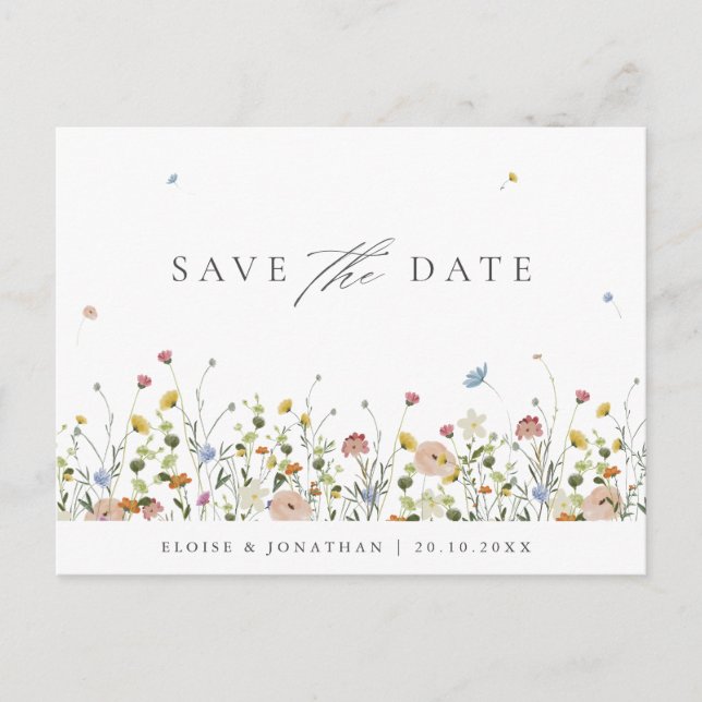 Colourful Spring Wildflower Meadow  Save the Date Postcard (Front)