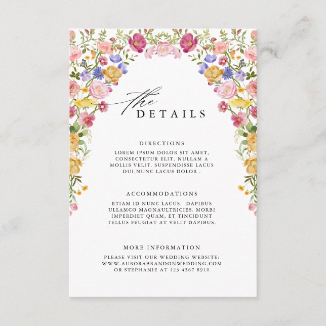 Colourful Spring Wildflower Meadow  Wedding Detail Enclosure Card (Front)
