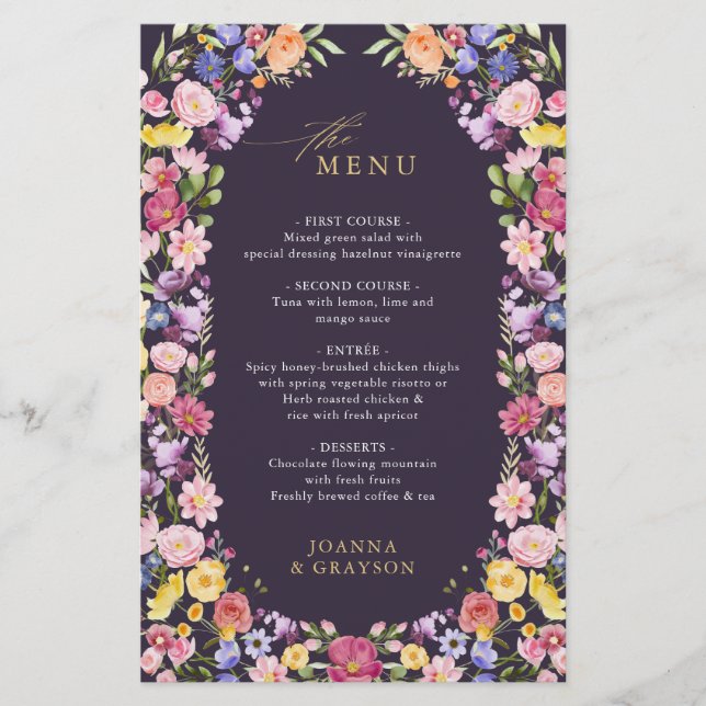 Colourful Spring Wildflower Meadow  Wedding Menu (Front)