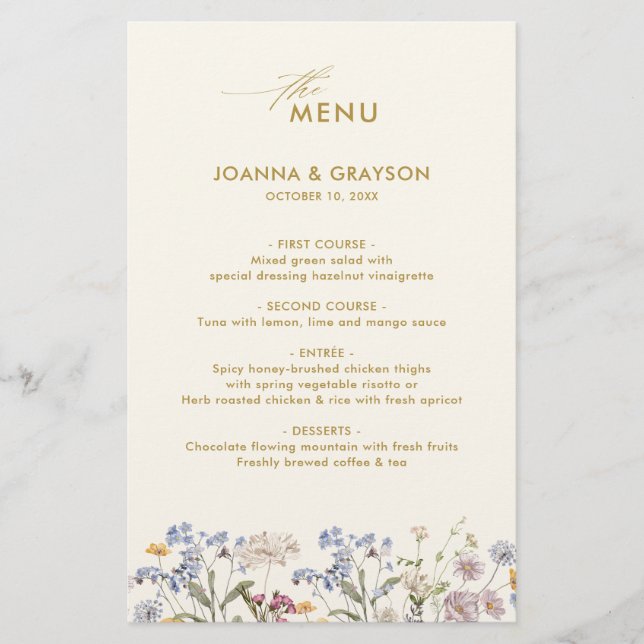 Colourful Spring Wildflower Meadow Wedding Menu (Front)