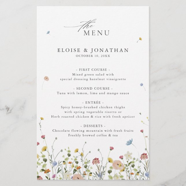 Colourful Spring Wildflower Meadow  Wedding Menu (Front)