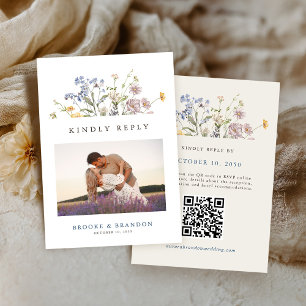 Colourful Spring Wildflower Meadow Wedding QR Code RSVP Card