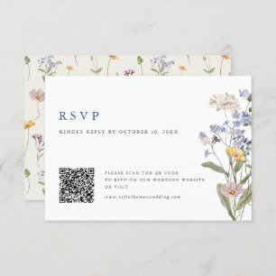 Colourful Spring Wildflower Meadow Wedding QR Code RSVP Card