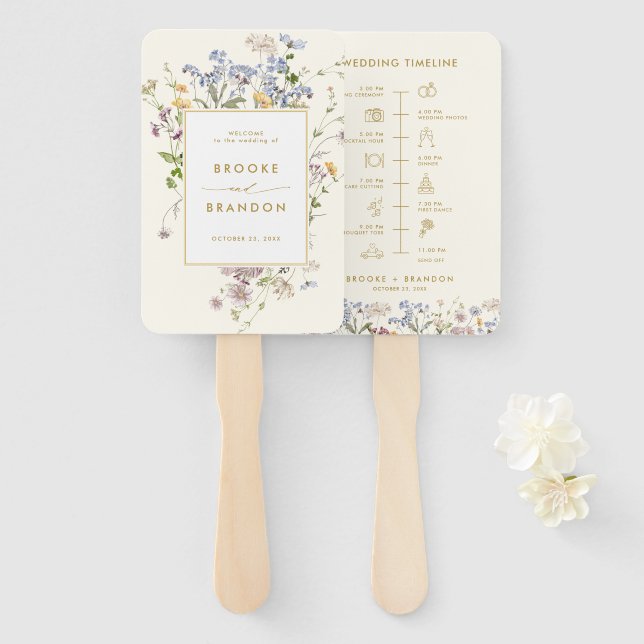 Colourful Spring Wildflower Meadow wedding Timelin Hand Fan (Front and Back)