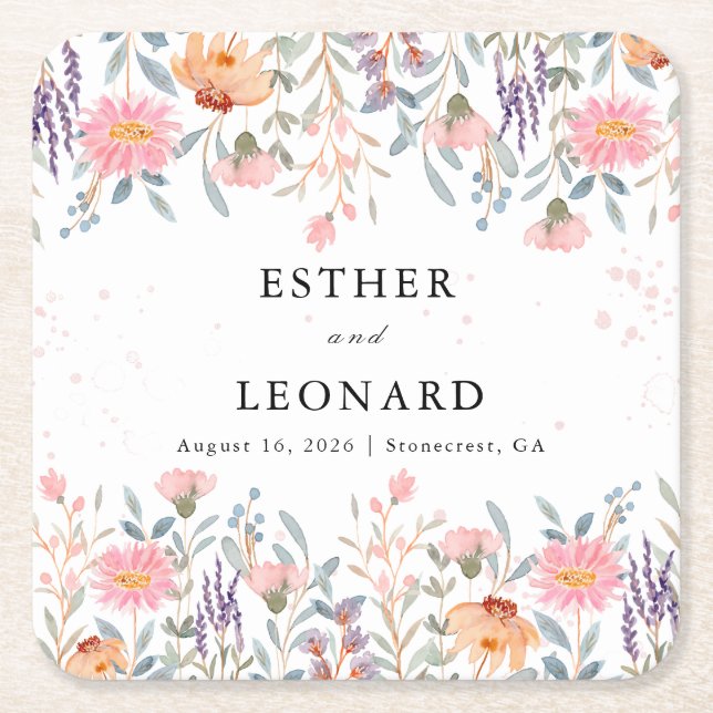 Colourful Spring Wildflower Wedding  Square Paper Coaster (Front)