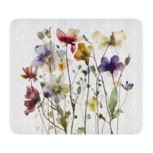 colourful spring wildflowers in watercolor  cutting board