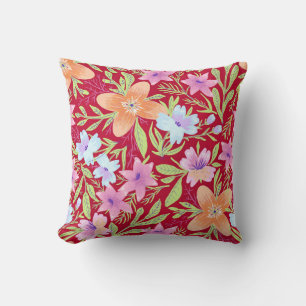Colourful springtime flower pattern, raspberry pin cushion