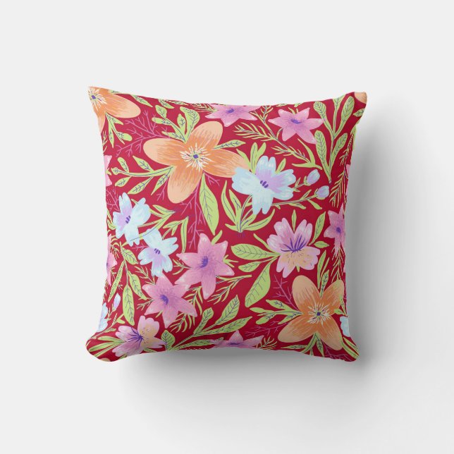 Colourful springtime flower pattern, raspberry pin cushion (Front)