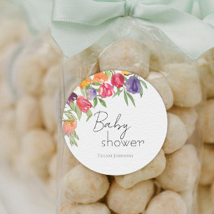 Colourful Springtime Tulips-themed Baby Shower Classic Round Sticker