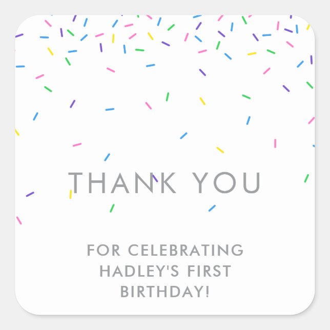 Colourful Sprinkles Birthday Party Thank You Square Sticker (Front)