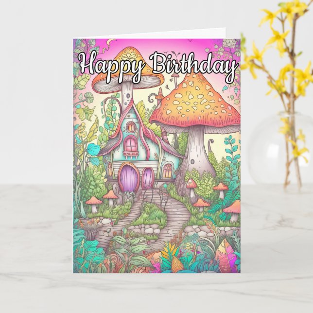 Colourful Sprouting Mushroom Hut Illustration Card (Yellow Flower)