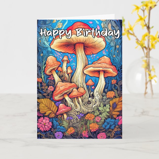 Colourful Sprouting Mushroom Illustration Card (Yellow Flower)