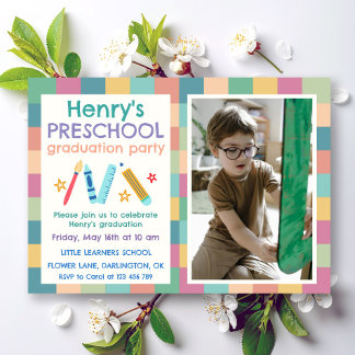 Colourful Squares Photo Preschool Graduation Invitation