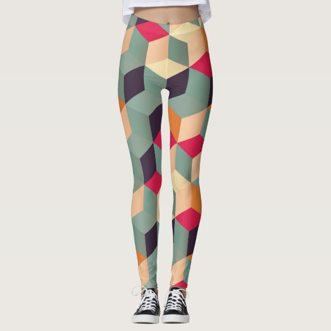Colourful squares, retro geometric pattern. leggings (Front)