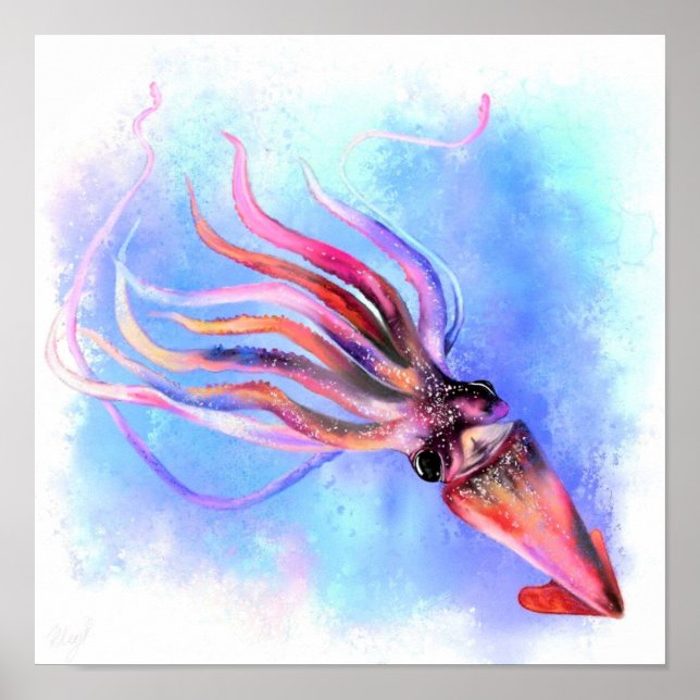 Colourful Squid Swimming Poster Painting (Front)