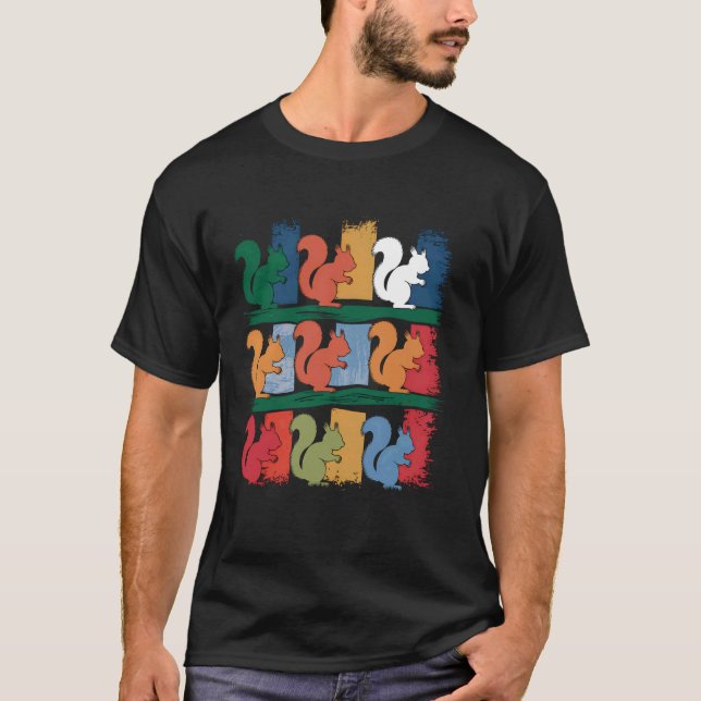 Colourful Squirrel Rows Distressed Modern Nature A T-Shirt (Front)