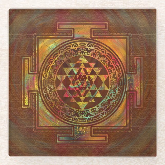 Colourful Sri Yantra  / Sri Chakra Glass Coaster (Front)