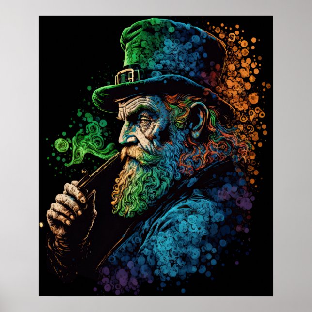 Colourful St Patrick's Leprechaun Smoking Pipe Poster (Front)